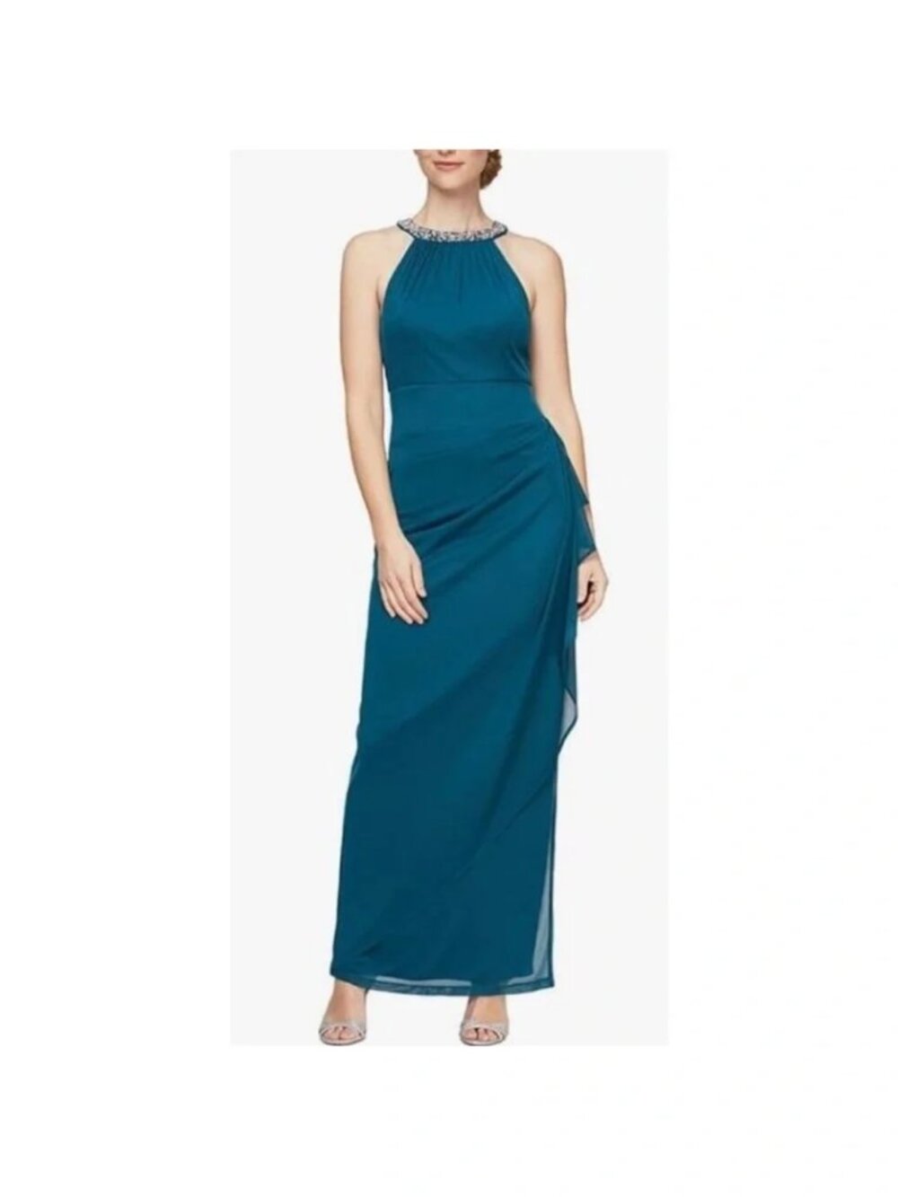 Alex Evenings Plus Size Beaded Halter Neck Cascade Ruffle Dress 14W NWT